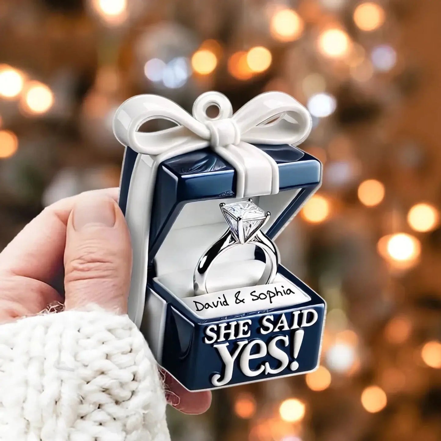 Blue Engagement Ring Box Design – Personalized 2D Flat Acrylic Ornament – Romantic Anniversary Gift for Couples Ezcustomize