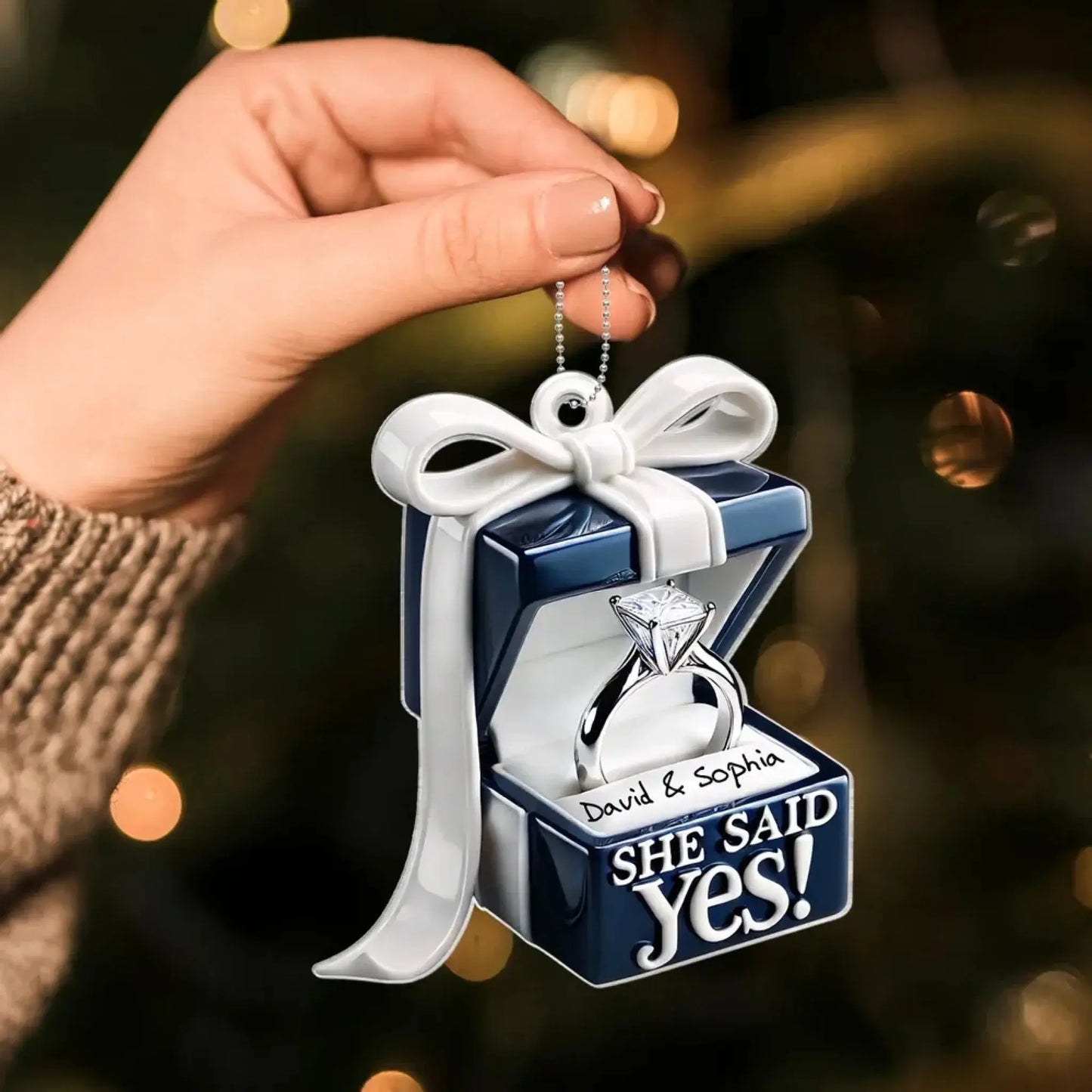 Blue Engagement Ring Box Design – Personalized 2D Flat Acrylic Ornament – Romantic Anniversary Gift for Couples Ezcustomize
