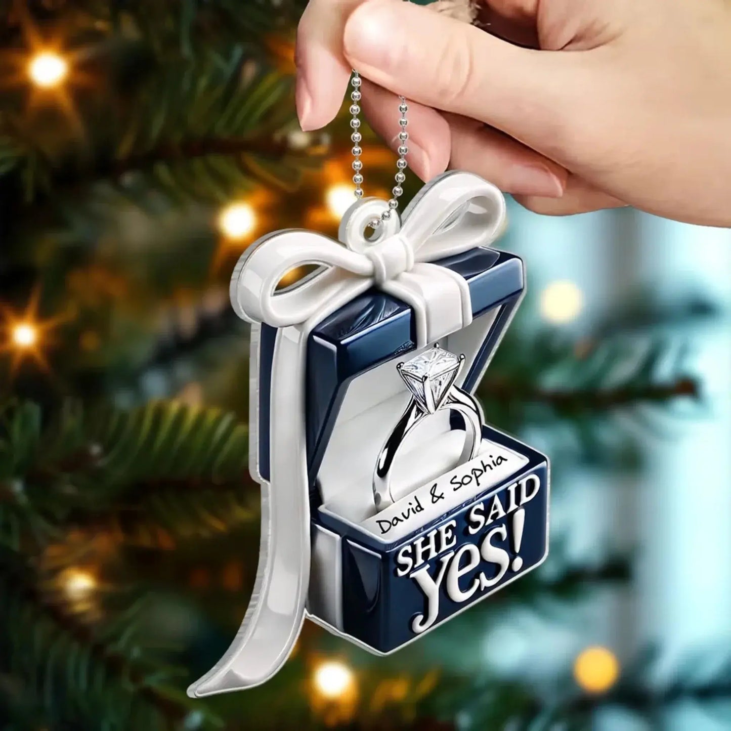 Blue Engagement Ring Box Design – Personalized 2D Flat Acrylic Ornament – Romantic Anniversary Gift for Couples Ezcustomize