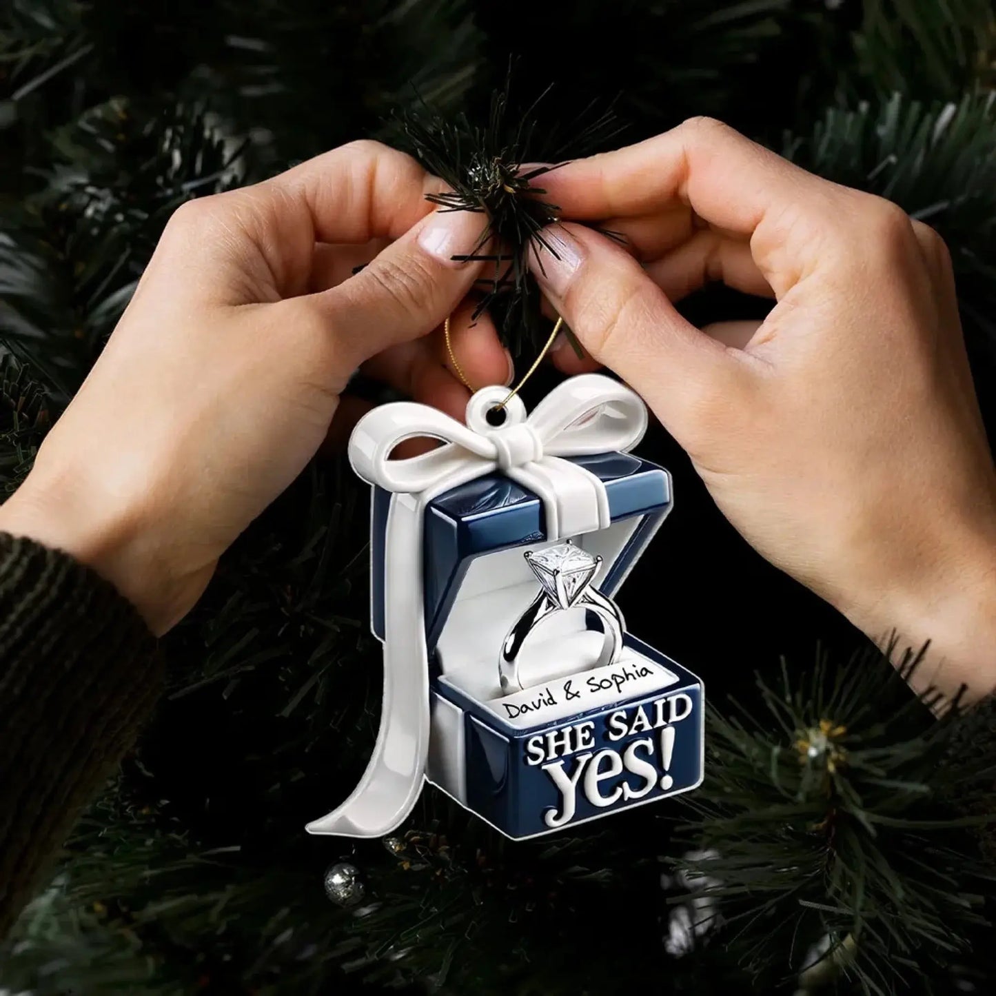Blue Engagement Ring Box Design – Personalized 2D Flat Acrylic Ornament – Romantic Anniversary Gift for Couples Ezcustomize