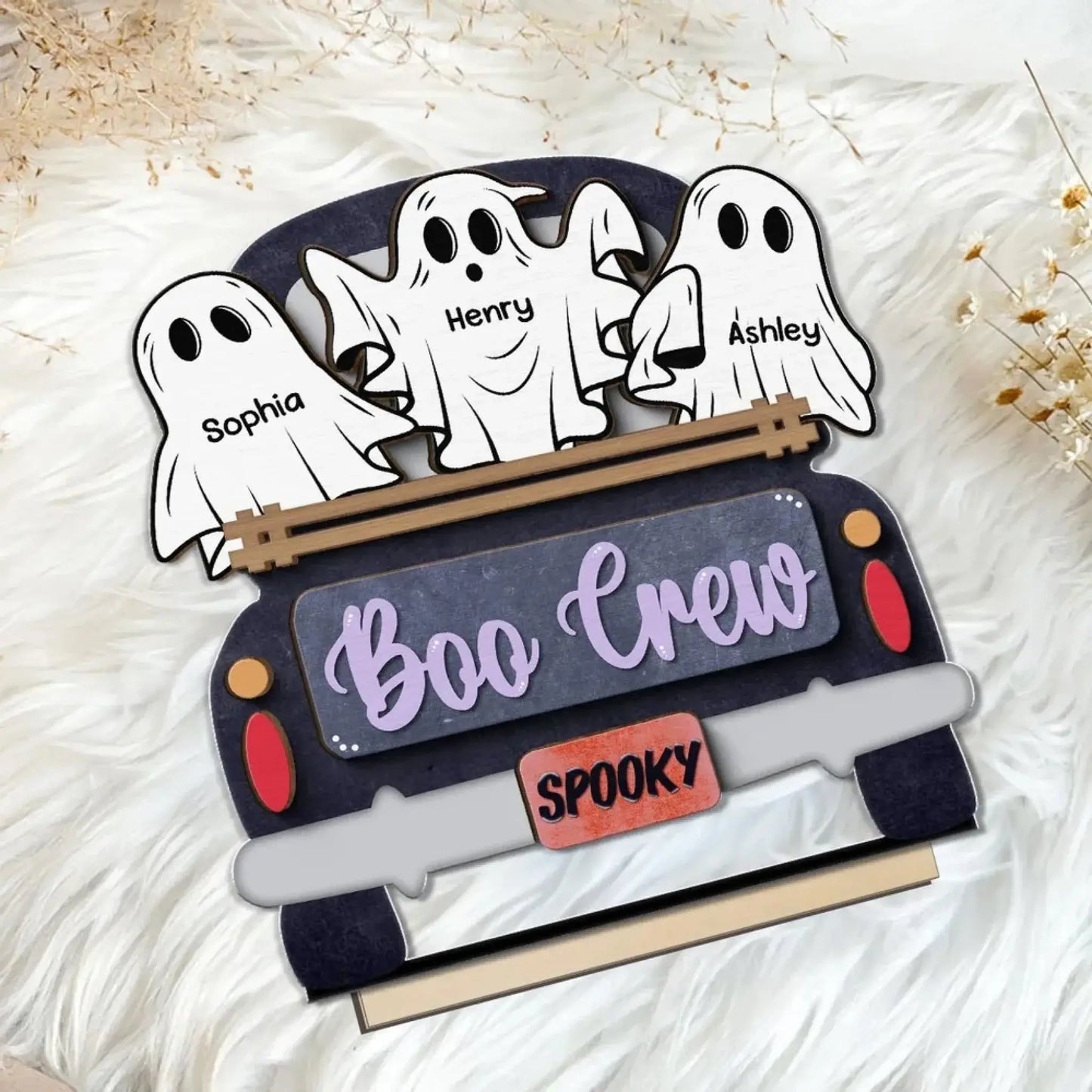 Boo Crew Ghost Family with Farmhouse Truck – Personalized 2-Layer Wooden Plaque – Halloween Tiered Tray Decor for Spooky Home Vibes Ezcustomize