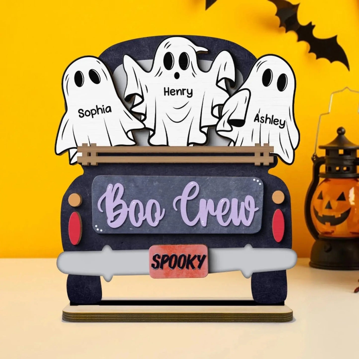 Boo Crew Ghost Family with Farmhouse Truck – Personalized 2-Layer Wooden Plaque – Halloween Tiered Tray Decor for Spooky Home Vibes Ezcustomize