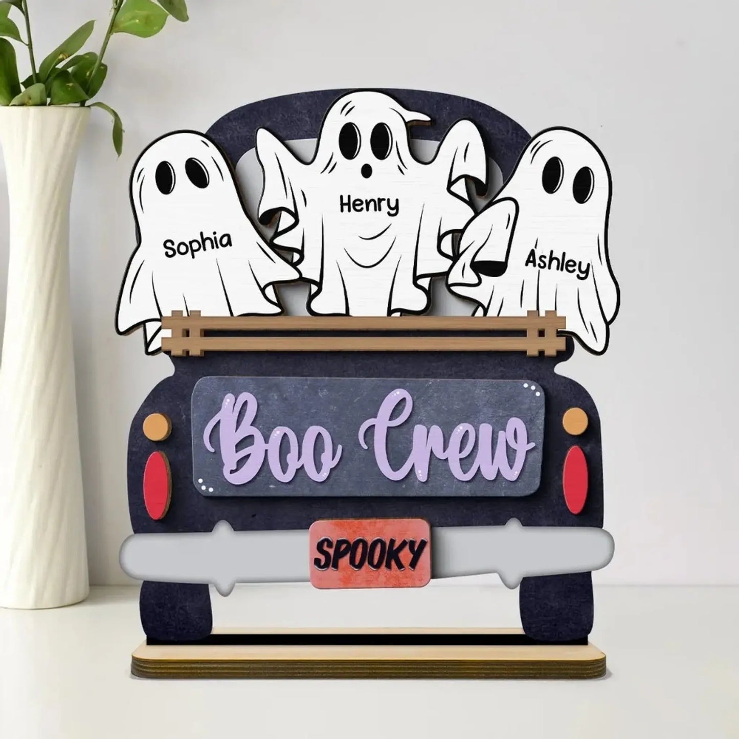 Boo Crew Ghost Family with Farmhouse Truck – Personalized 2-Layer Wooden Plaque – Halloween Tiered Tray Decor for Spooky Home Vibes Ezcustomize