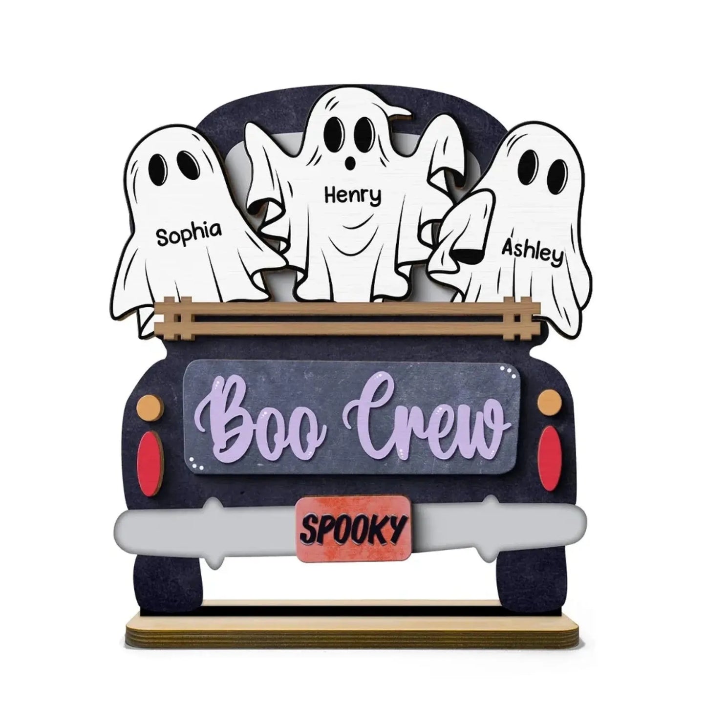 Boo Crew Ghost Family with Farmhouse Truck – Personalized 2-Layer Wooden Plaque – Halloween Tiered Tray Decor for Spooky Home Vibes Ezcustomize