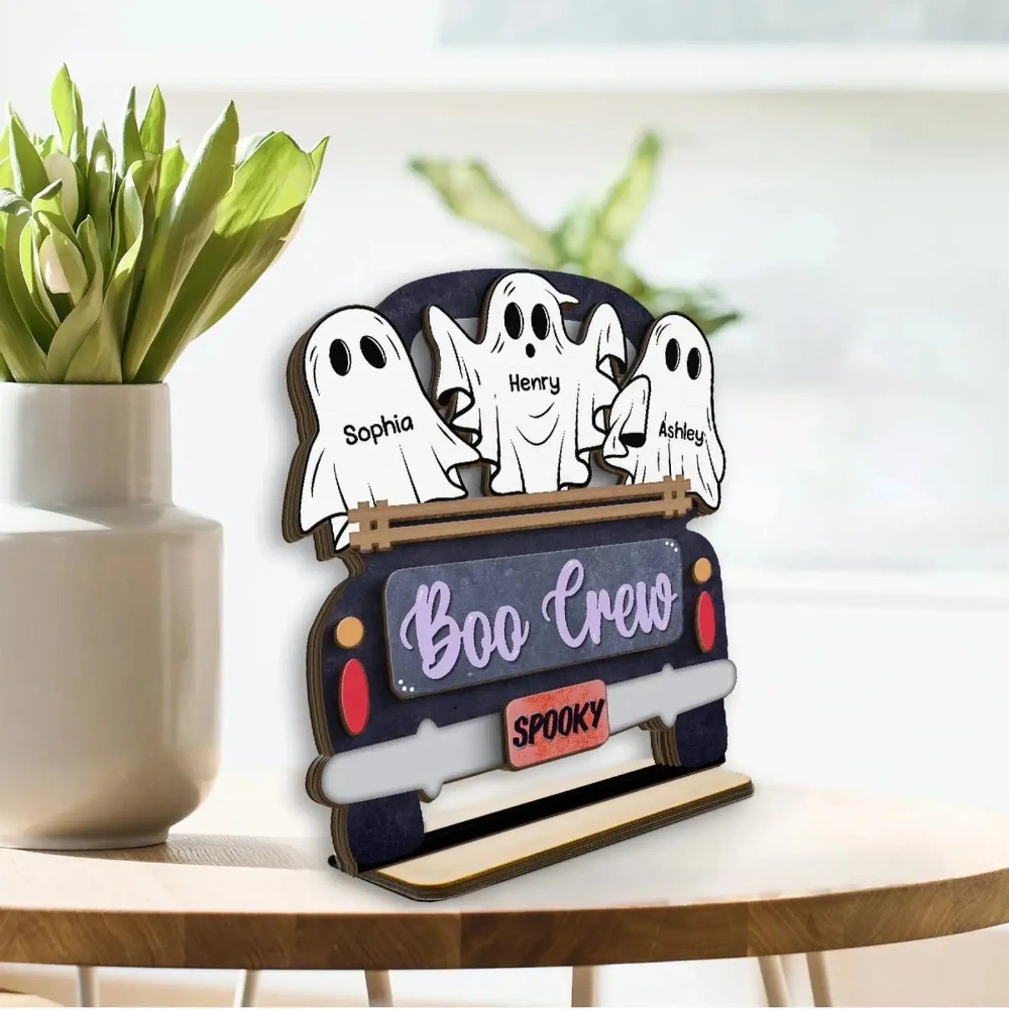 Boo Crew Ghost Family with Farmhouse Truck – Personalized 2-Layer Wooden Plaque – Halloween Tiered Tray Decor for Spooky Home Vibes Ezcustomize