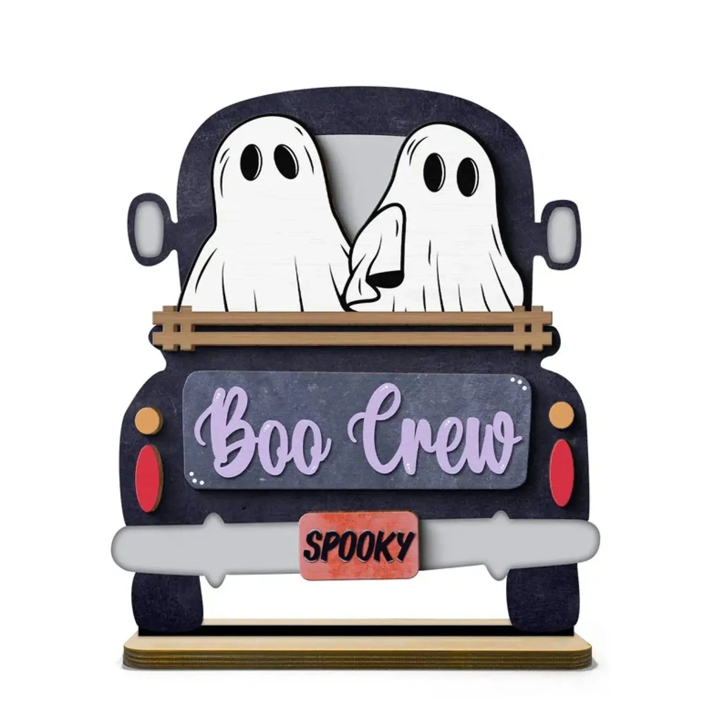 Boo Crew Ghost Family with Farmhouse Truck – Personalized 2-Layer Wooden Plaque – Halloween Tiered Tray Decor for Spooky Home Vibes Ezcustomize