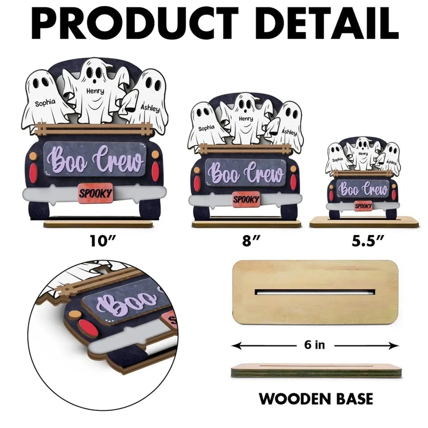 Boo Crew Ghost Family with Farmhouse Truck – Personalized 2-Layer Wooden Plaque – Halloween Tiered Tray Decor for Spooky Home Vibes Ezcustomize