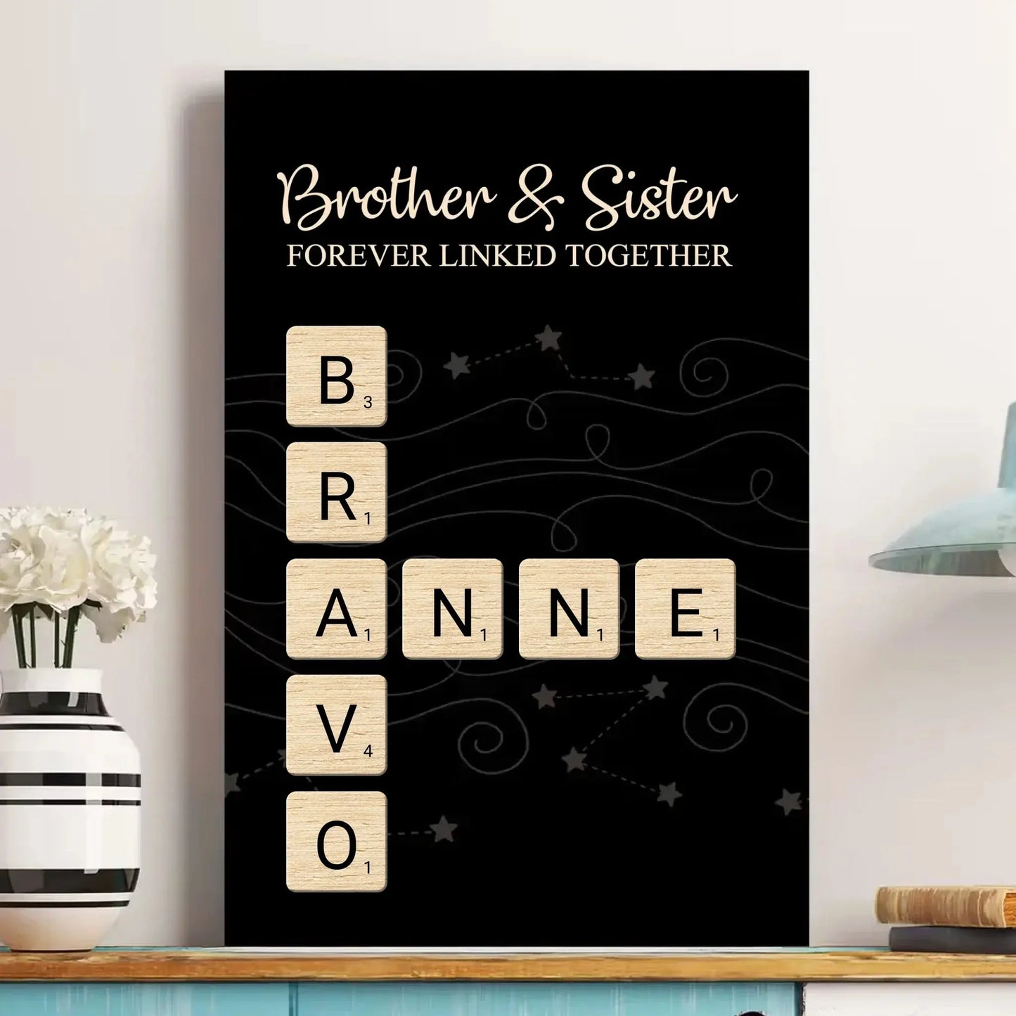 Brothers & Sisters Forever Linked Together – Personalized Scrabble Name Poster – Custom Wall Art Gift for Siblings, Family & Loved Ones Ezcustomize