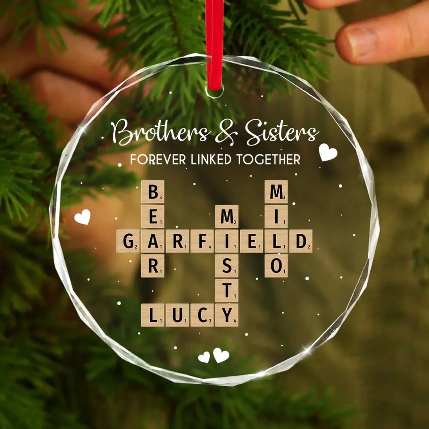 Brothers, Sisters & Siblings Forever Linked – Personalized Crossword Puzzle Glass Ornament – Meaningful Christmas Gift for Family Ezcustomize