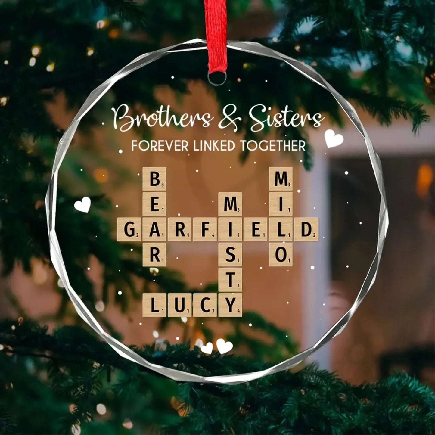 Brothers, Sisters & Siblings Forever Linked – Personalized Crossword Puzzle Glass Ornament – Meaningful Christmas Gift for Family Ezcustomize
