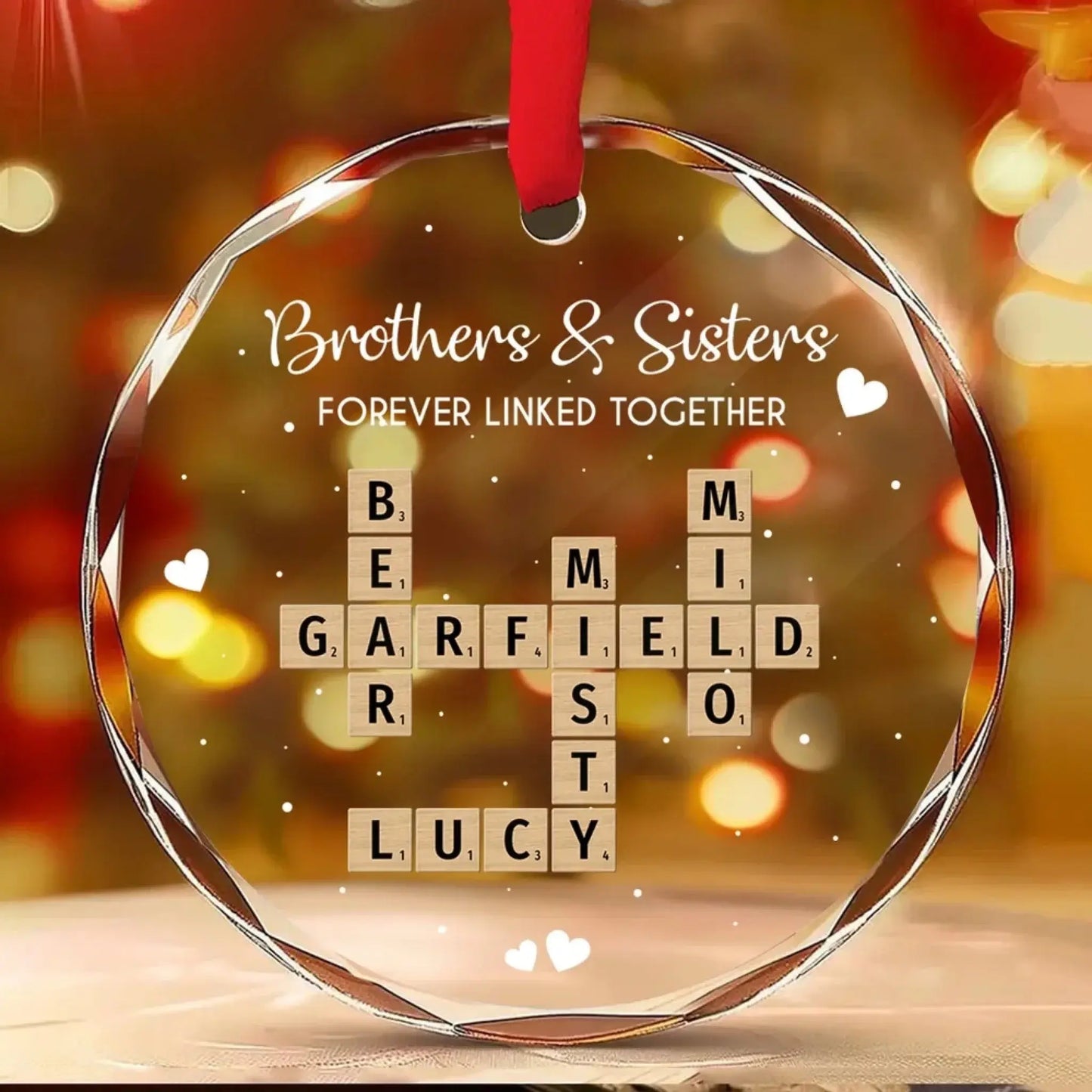 Brothers, Sisters & Siblings Forever Linked – Personalized Crossword Puzzle Glass Ornament – Meaningful Christmas Gift for Family Ezcustomize