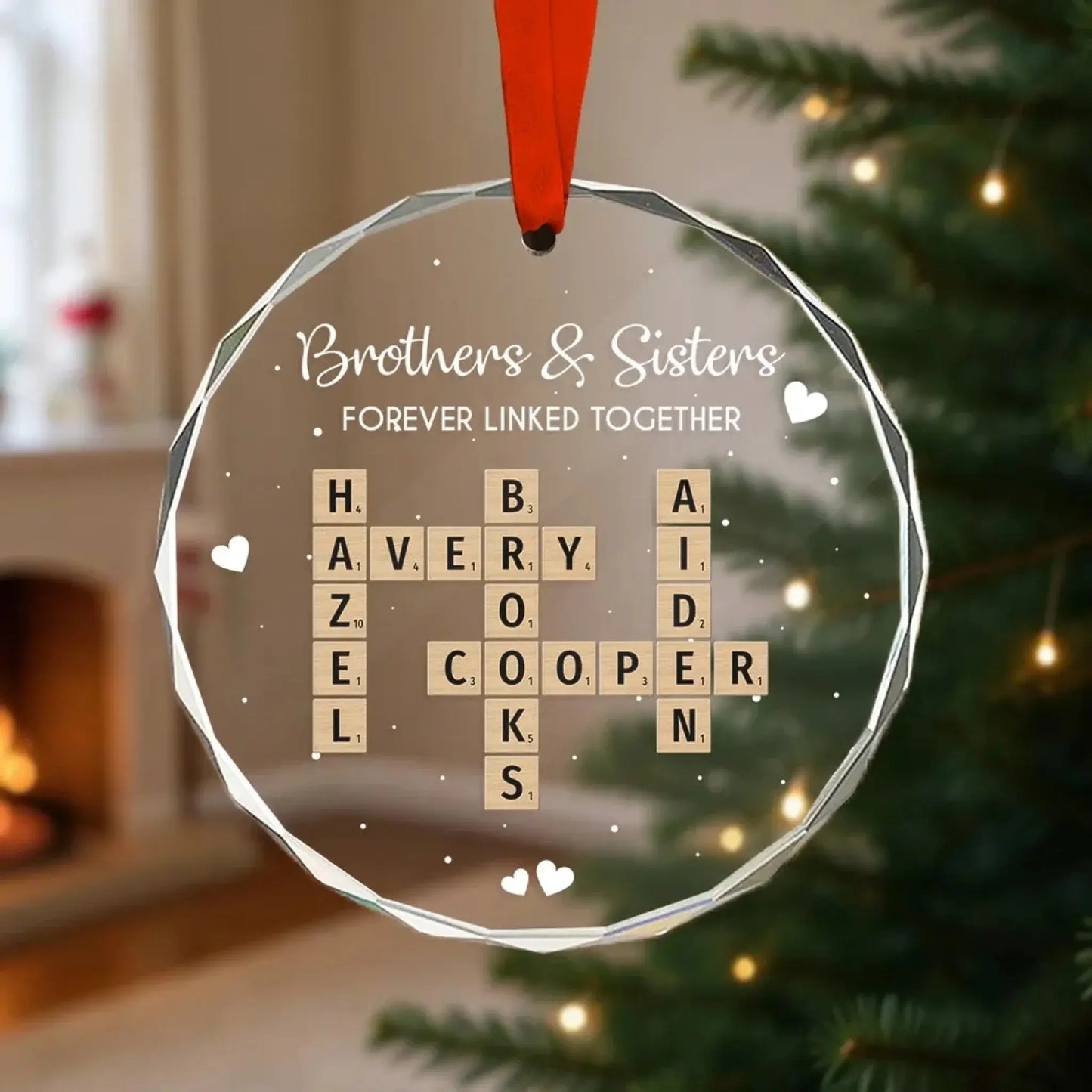 Brothers, Sisters & Siblings Forever Linked – Personalized Crossword Puzzle Glass Ornament – Meaningful Christmas Gift for Family Ezcustomize