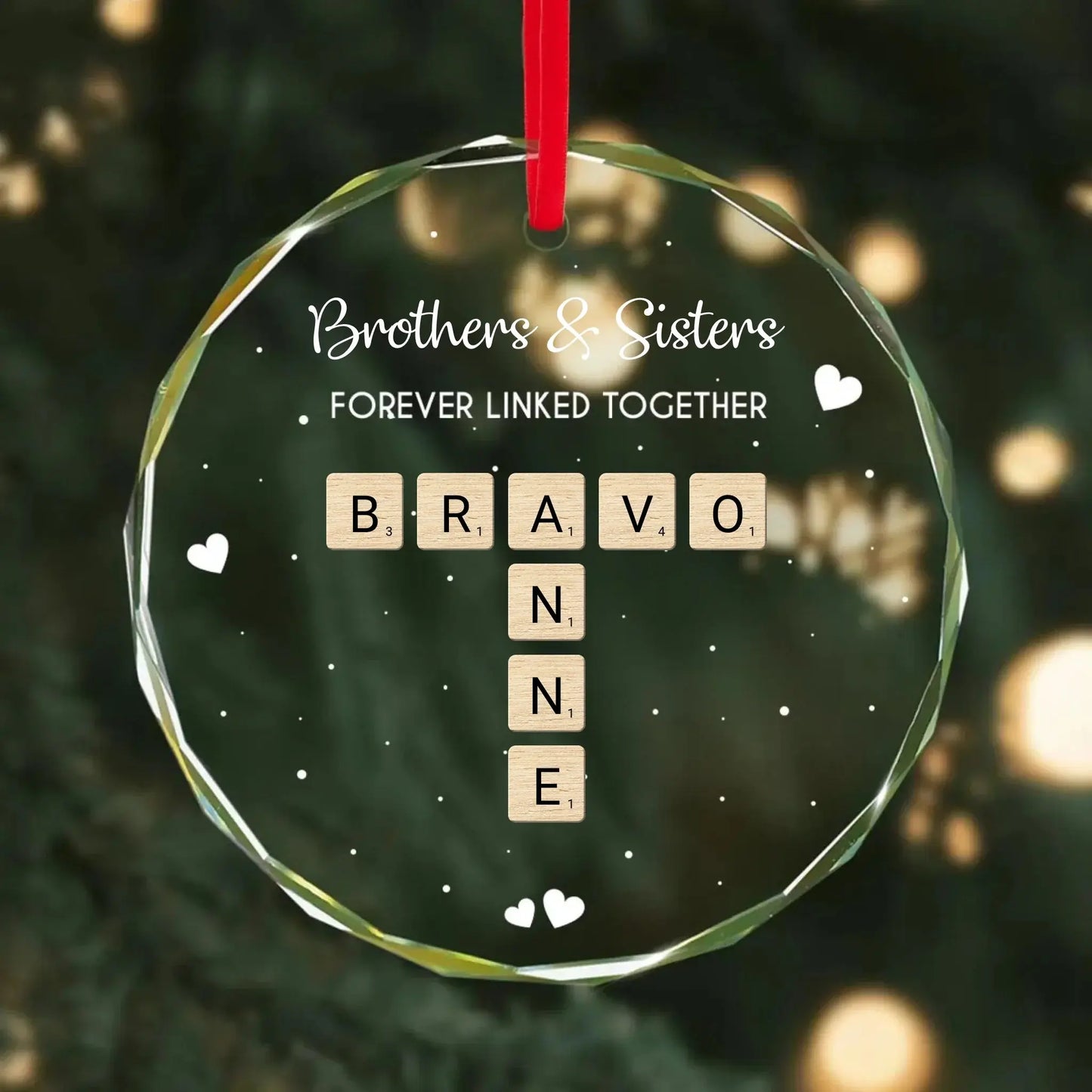 Brothers, Sisters & Siblings Forever Linked – Personalized Crossword Puzzle Glass Ornament – Meaningful Christmas Gift for Family Ezcustomize