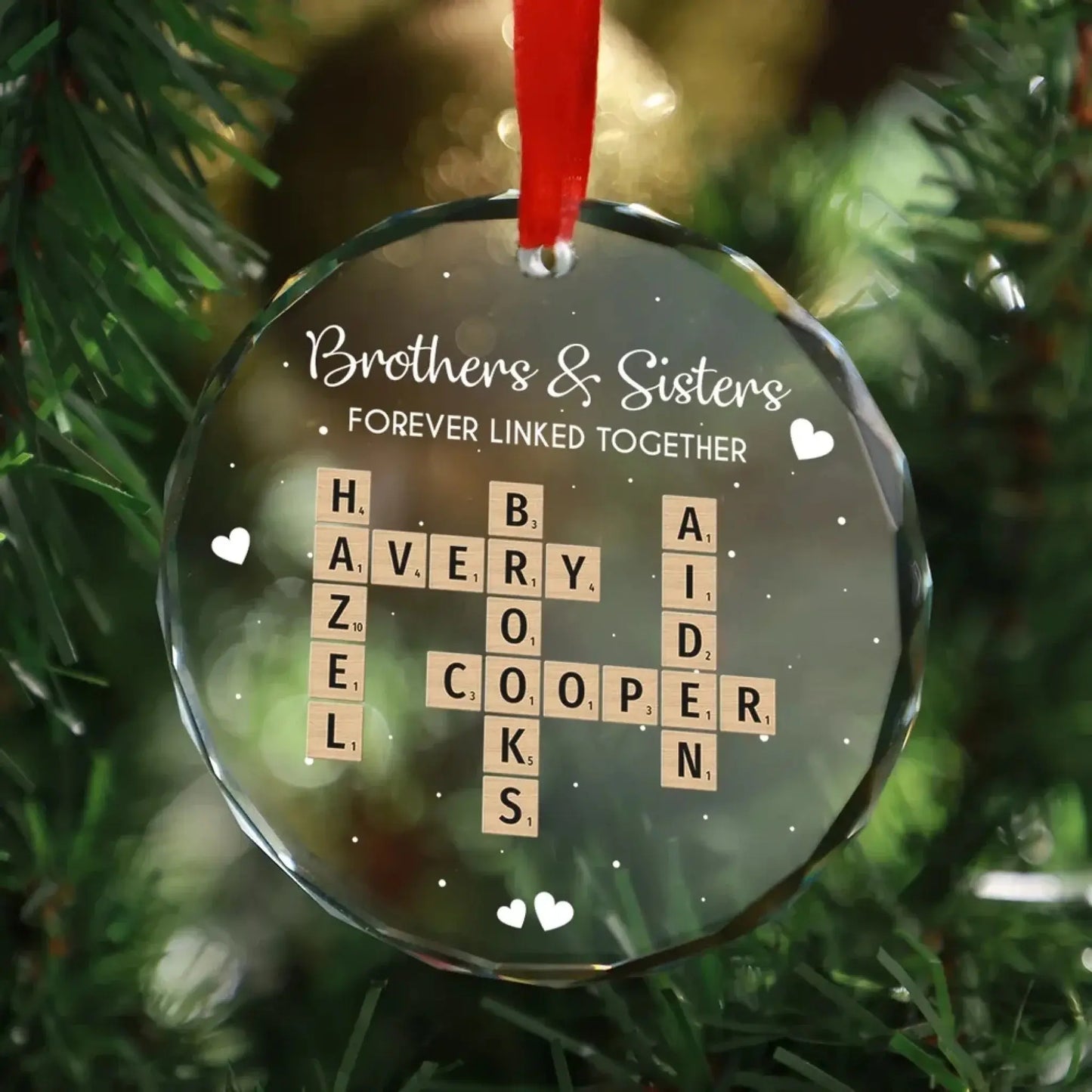 Brothers, Sisters & Siblings Forever Linked – Personalized Crossword Puzzle Glass Ornament – Meaningful Christmas Gift for Family Ezcustomize