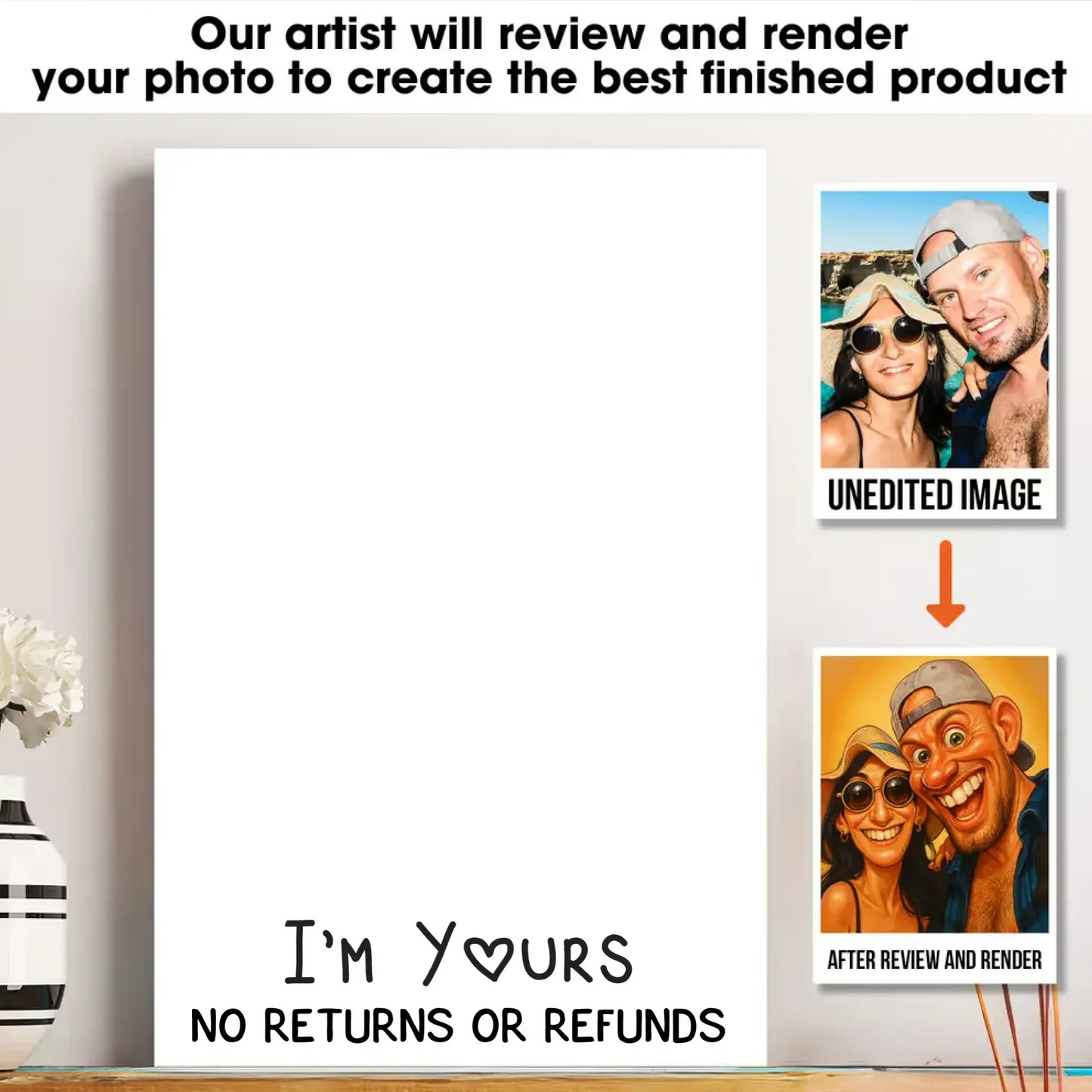 Caricature “I’m Yours – No Returns or Refunds” Funny Couple Poster/Canvas – Personalized Cartoon Portrait from Photo Ezcustomize
