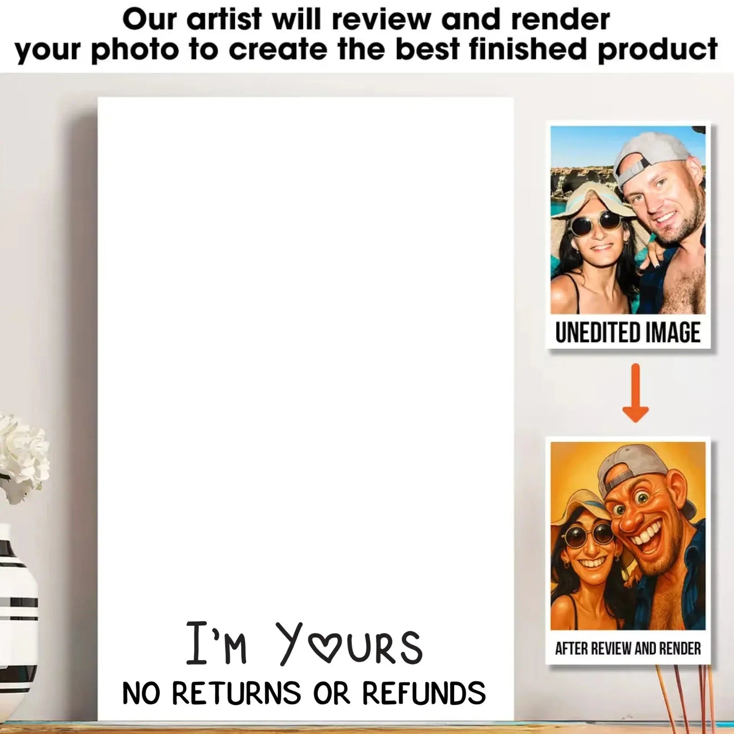 Caricature “I’m Yours – No Returns or Refunds” Funny Couple Poster/Canvas – Personalized Cartoon Portrait from Photo Ezcustomize