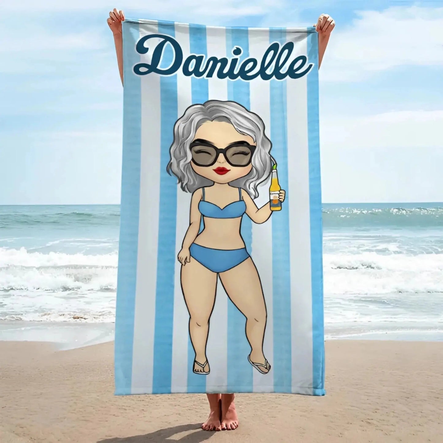 Chibi Summer Vacation Towel – Personalized Beach Towel with Stripe Pattern – Custom Gift for Bestie or Friends on Holiday Ezcustomize