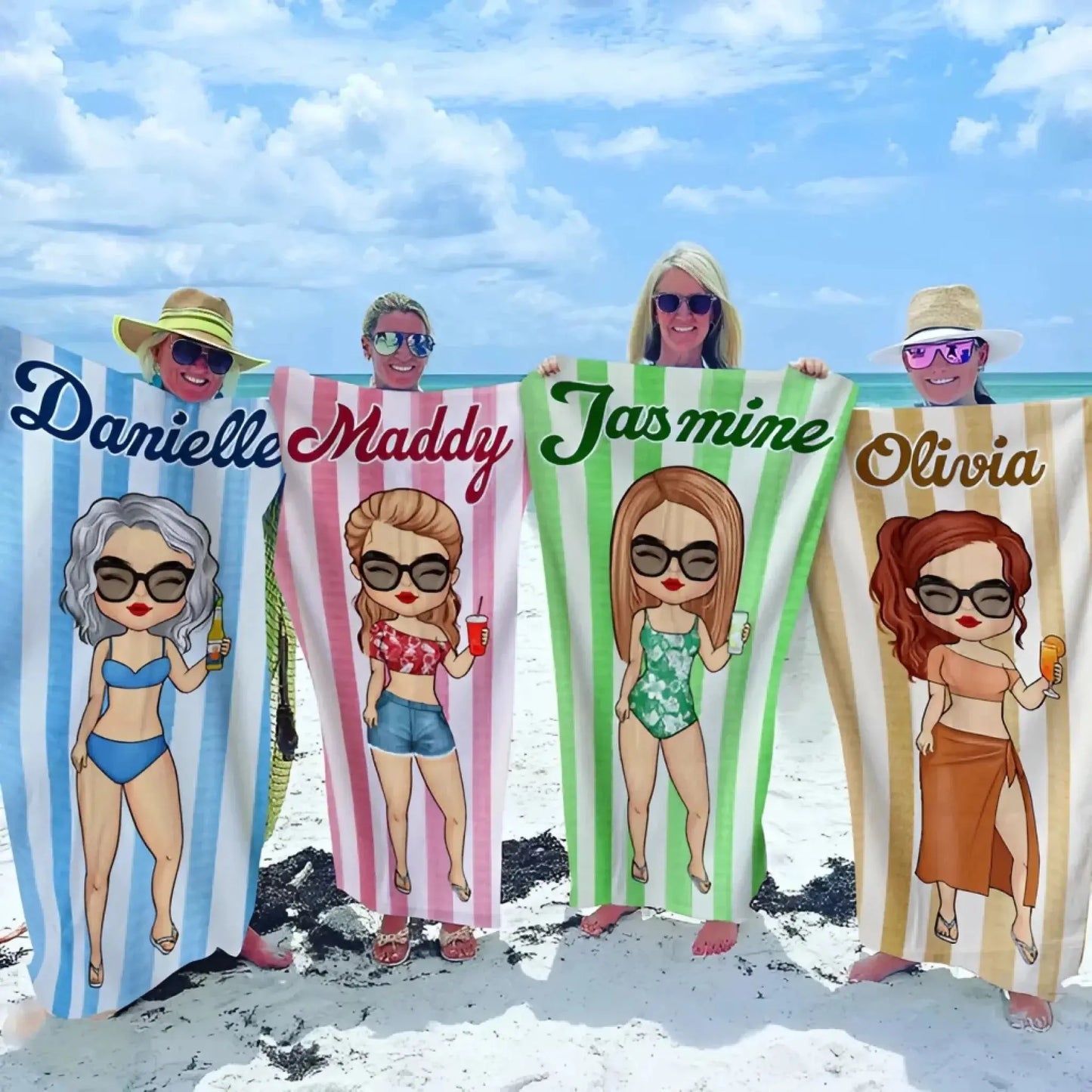 Chibi Summer Vacation Towel – Personalized Beach Towel with Stripe Pattern – Custom Gift for Bestie or Friends on Holiday Ezcustomize