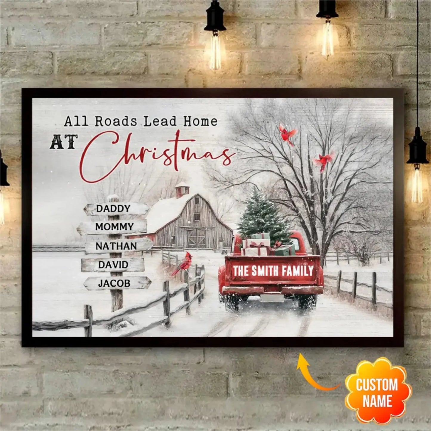 Christmas Farm Scene with Red Truck – Personalized Canvas Wall Art – Festive Holiday Gift for Your Family & Loved Ones Ezcustomize