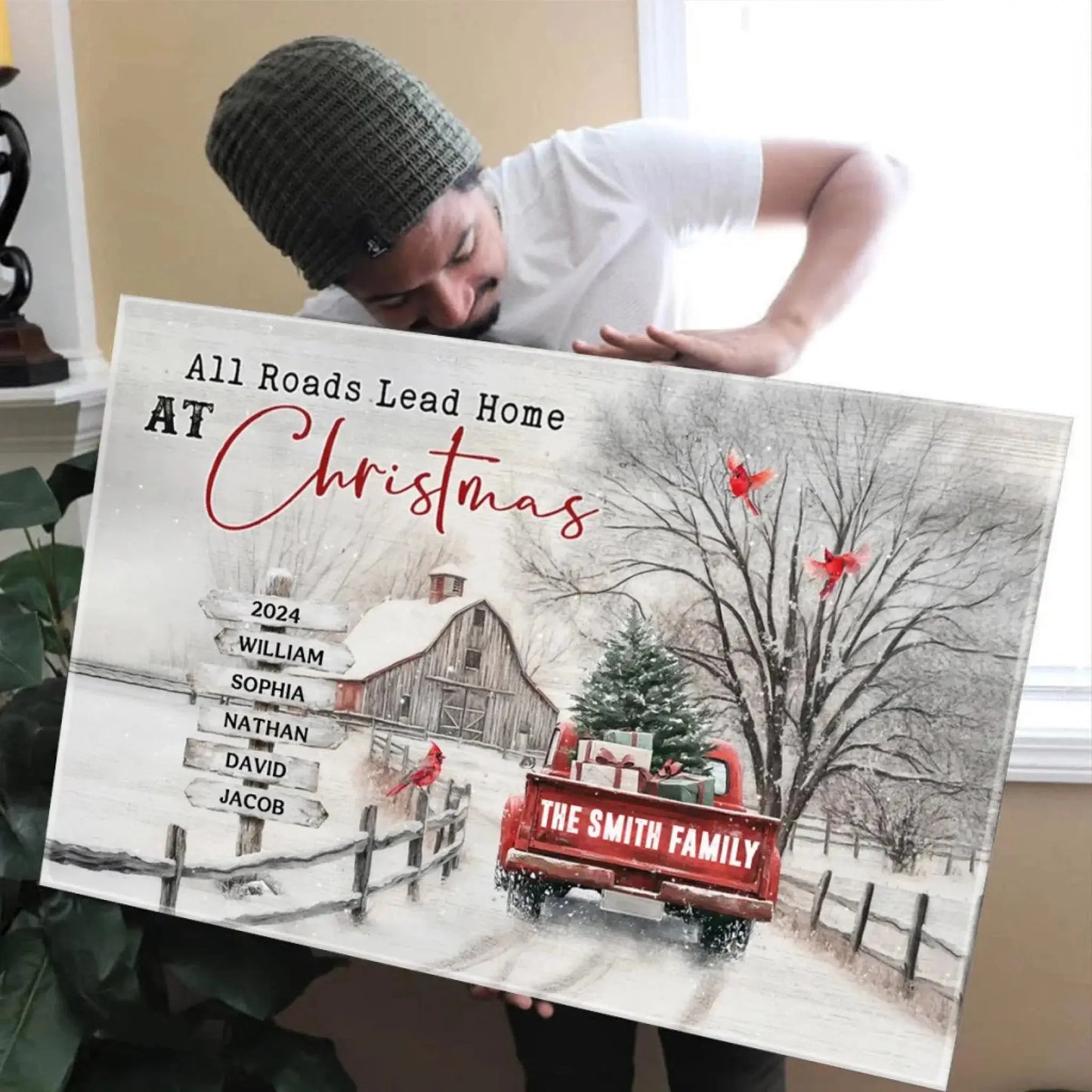 Christmas Farm Scene with Red Truck – Personalized Canvas Wall Art – Festive Holiday Gift for Your Family & Loved Ones Ezcustomize