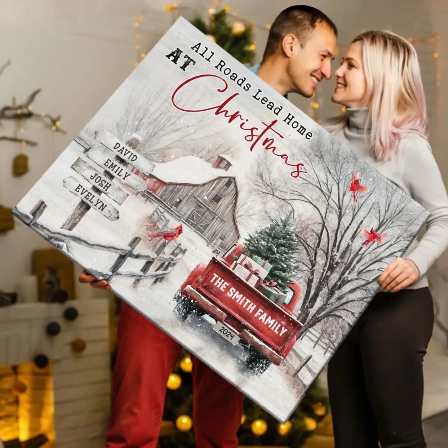 Christmas Farm Scene with Red Truck – Personalized Canvas Wall Art – Festive Holiday Gift for Your Family & Loved Ones Ezcustomize