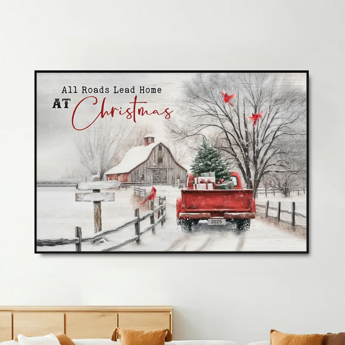 Christmas Farm Scene with Red Truck – Personalized Canvas Wall Art – Festive Holiday Gift for Your Family & Loved Ones Ezcustomize