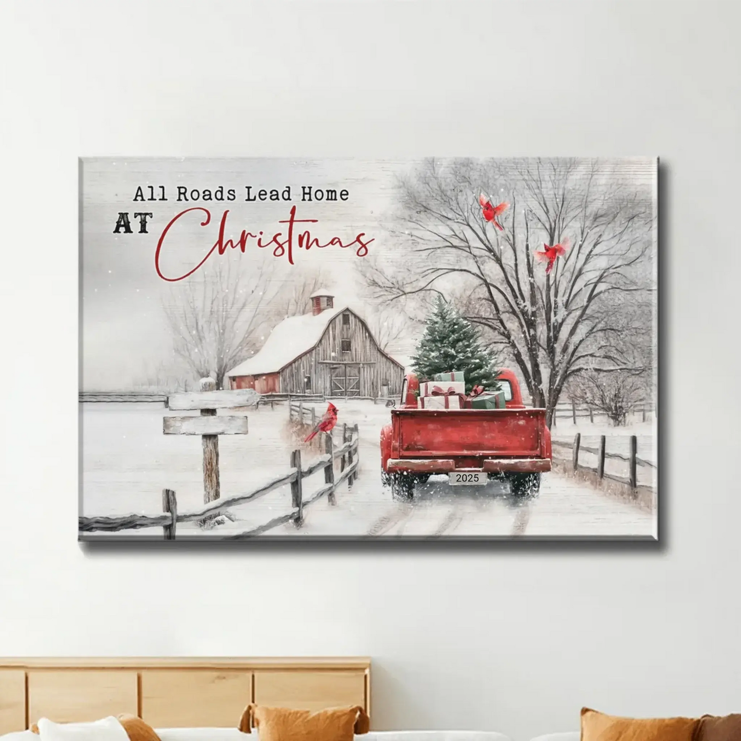 Christmas Farm Scene with Red Truck – Personalized Canvas Wall Art – Festive Holiday Gift for Your Family & Loved Ones Ezcustomize