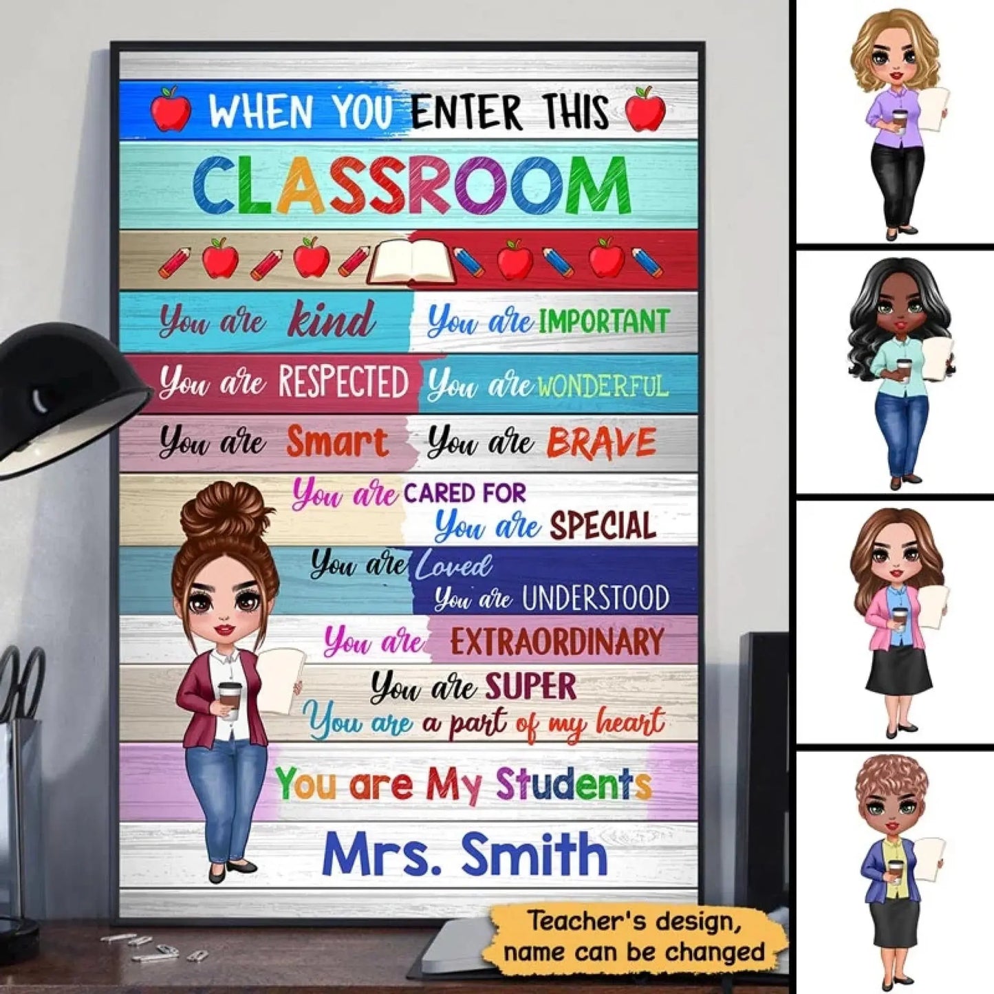 Colorful Classroom Welcome Poster – Personalized Vertical Poster with Doll Teacher – Back to School Gift, Classroom Decor Ezcustomize
