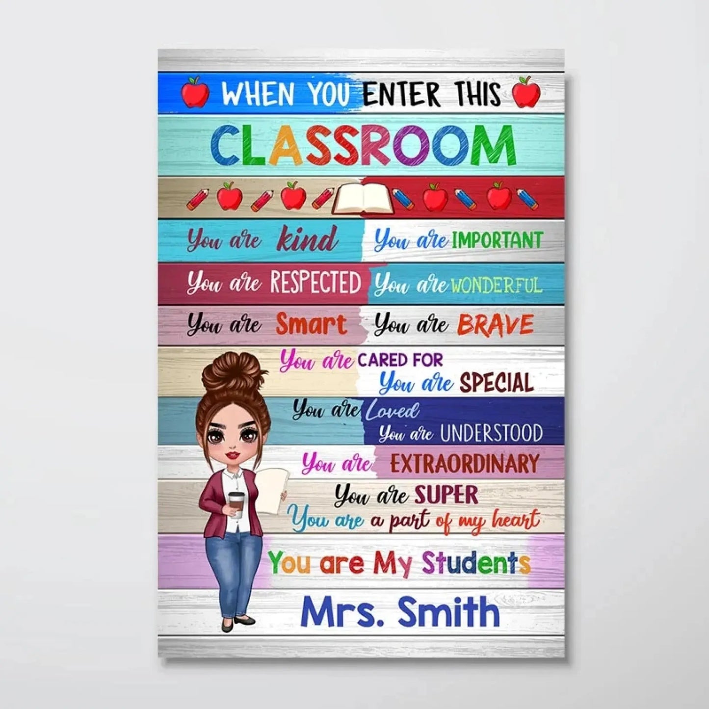 Colorful Classroom Welcome Poster – Personalized Vertical Poster with Doll Teacher – Back to School Gift, Classroom Decor Ezcustomize