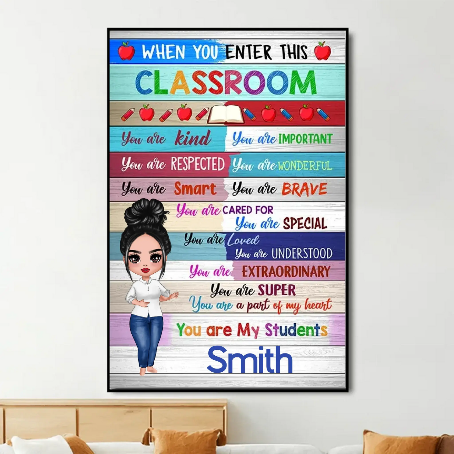 Colorful Classroom Welcome Poster – Personalized Vertical Poster with Doll Teacher – Back to School Gift, Classroom Decor Ezcustomize