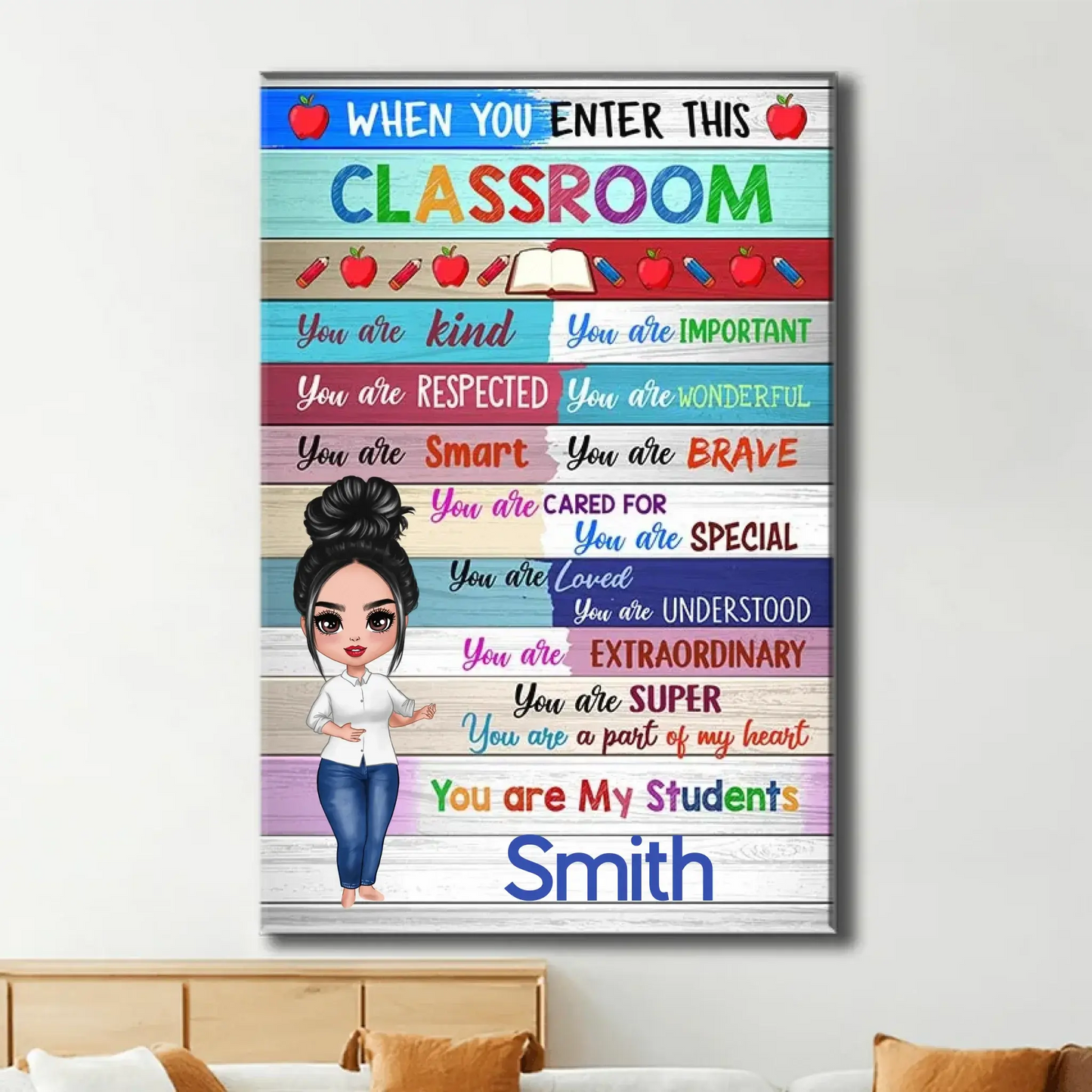 Colorful Classroom Welcome Poster – Personalized Vertical Poster with Doll Teacher – Back to School Gift, Classroom Decor Ezcustomize