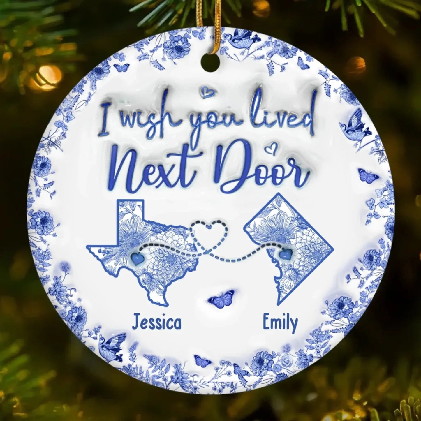 Connected by Heart No Matter the Miles – Custom Ceramic Ornament – Personalized Christmas or Birthday Gift for Best Friends, Sisters & BFFs Ezcustomize