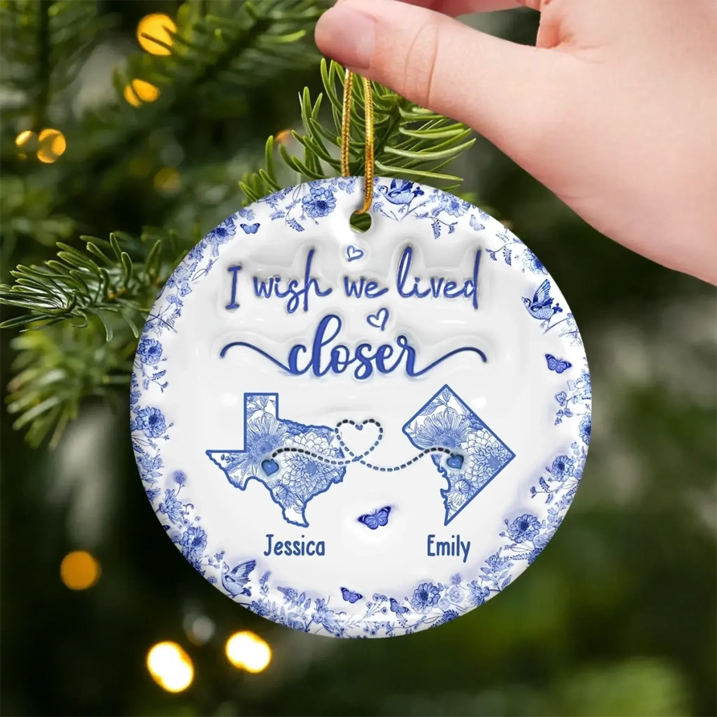 Connected by Heart No Matter the Miles – Custom Ceramic Ornament – Personalized Christmas or Birthday Gift for Best Friends, Sisters & BFFs Ezcustomize
