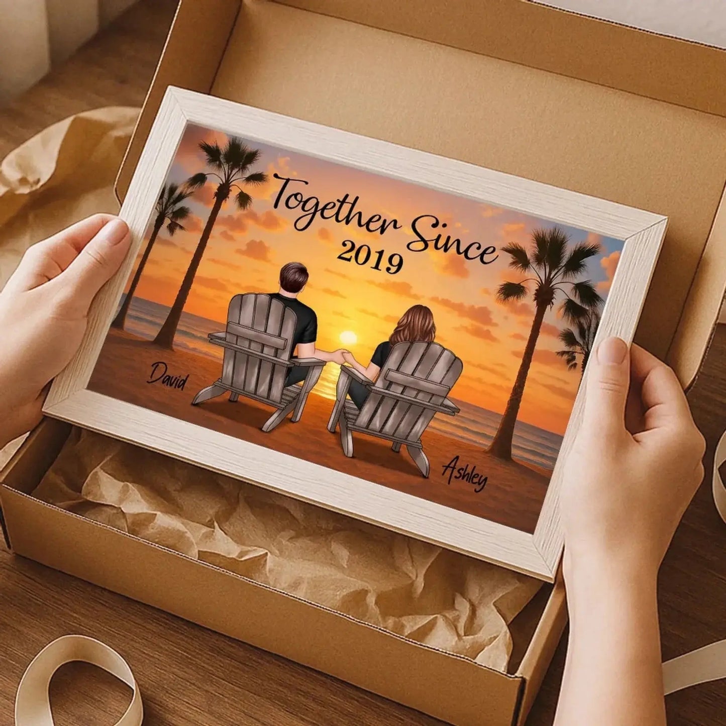 Couple Beach Sunset Under Palm Tree – Personalized Poster/Canvas – Romantic Anniversary Gift for Him or Her Ezcustomize