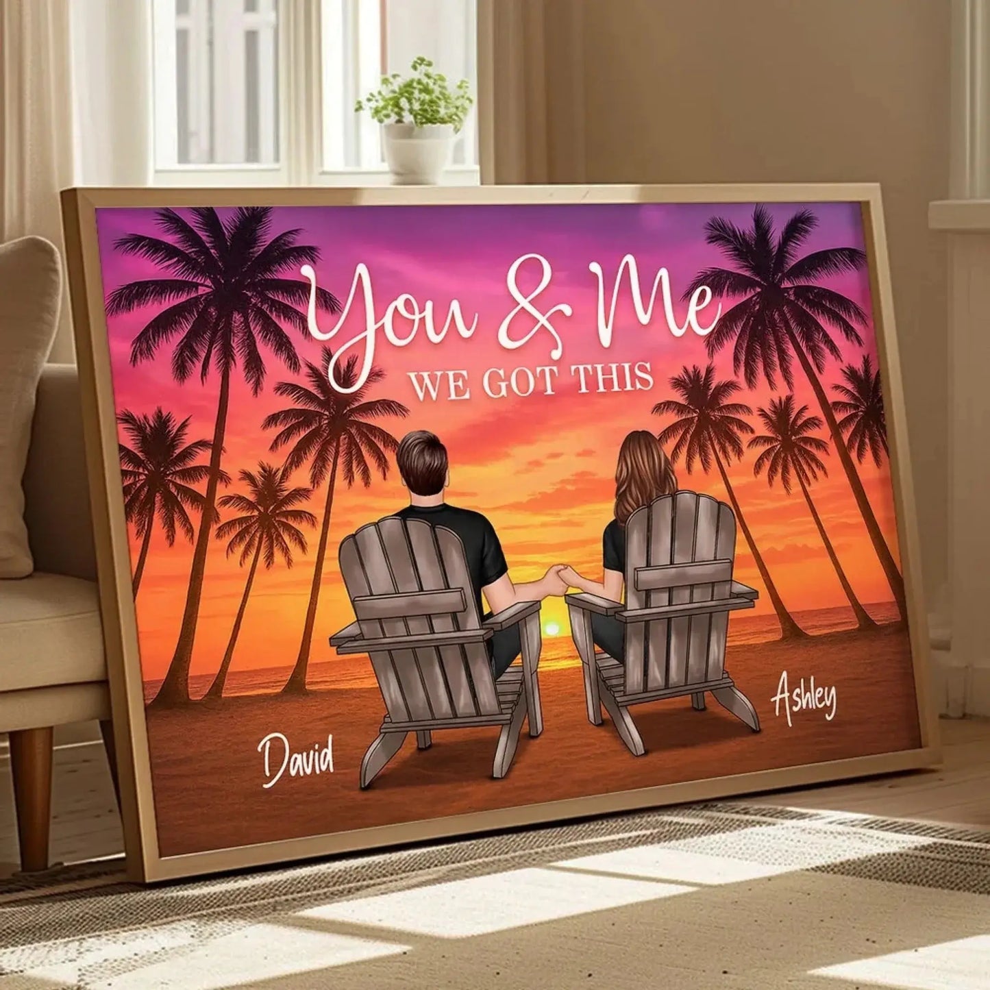 Couple Beach Sunset Under Palm Tree – Personalized Poster/Canvas – Romantic Anniversary Gift for Him or Her Ezcustomize