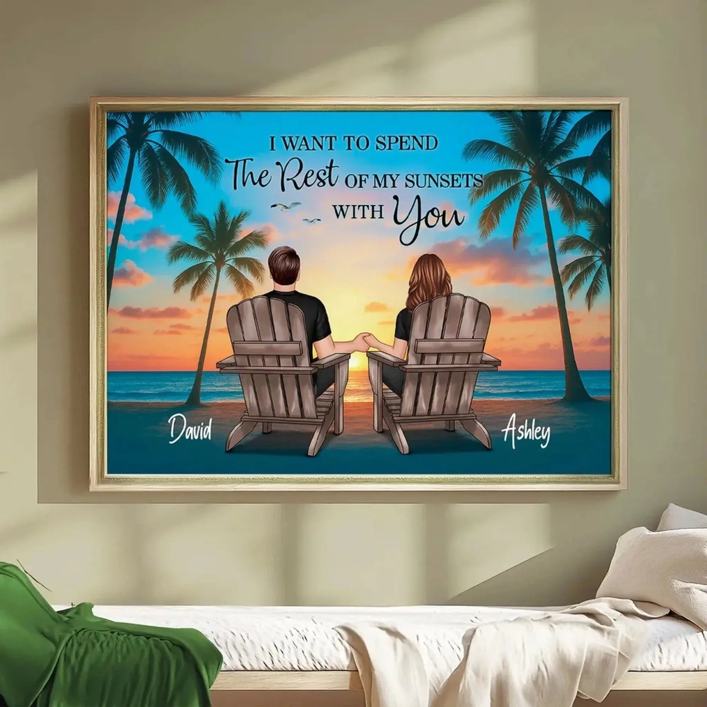 Couple Beach Sunset Under Palm Tree – Personalized Poster/Canvas – Romantic Anniversary Gift for Him or Her Ezcustomize