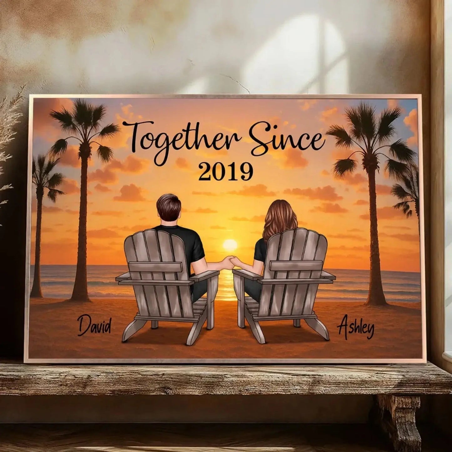 Couple Beach Sunset Under Palm Tree – Personalized Poster/Canvas – Romantic Anniversary Gift for Him or Her Ezcustomize