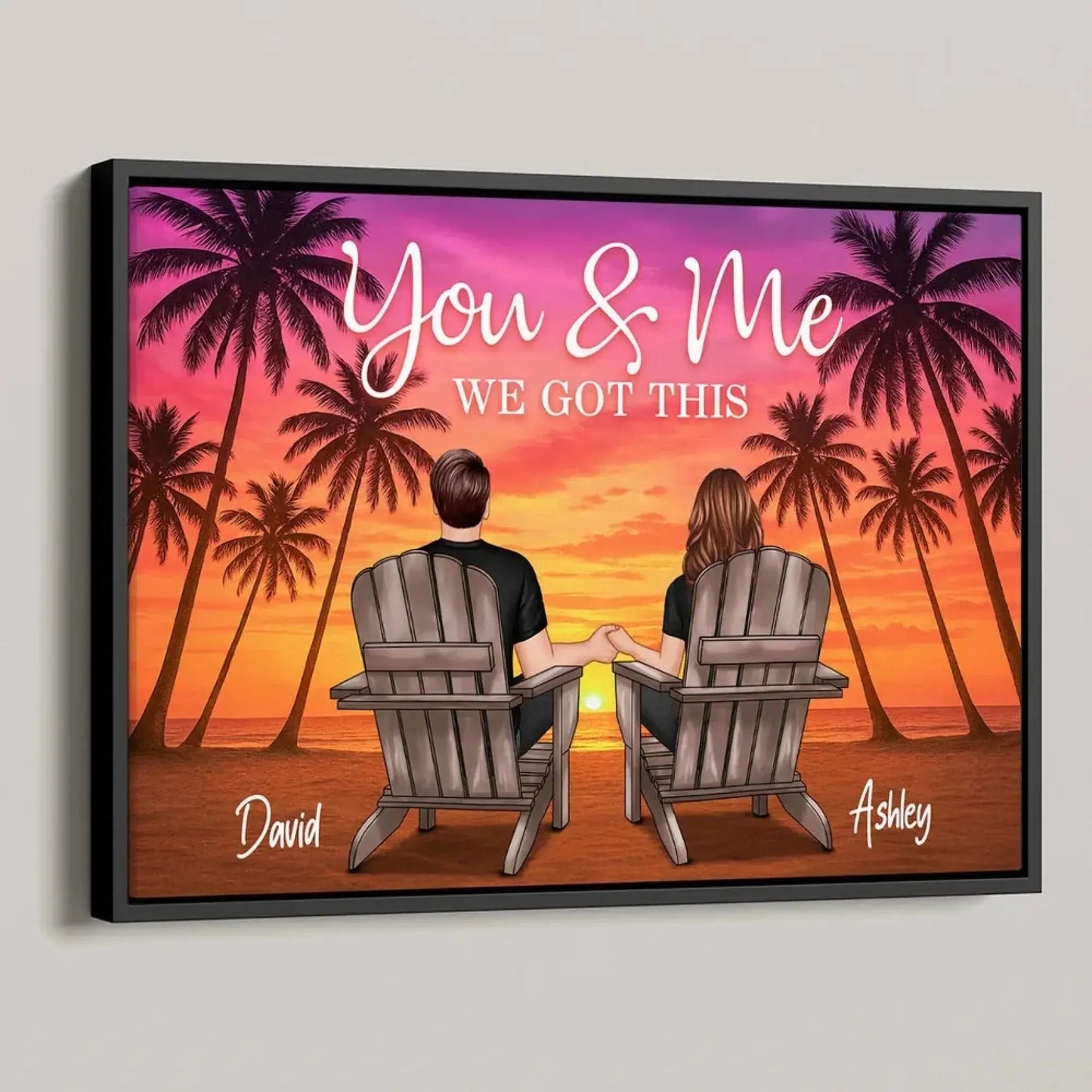 Couple Beach Sunset Under Palm Tree – Personalized Poster/Canvas – Romantic Anniversary Gift for Him or Her Ezcustomize