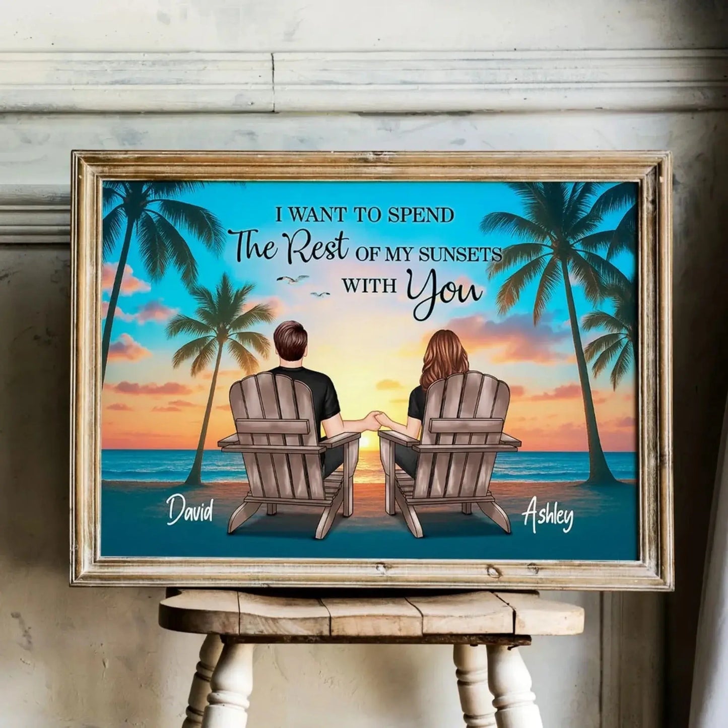 Couple Beach Sunset Under Palm Tree – Personalized Poster/Canvas – Romantic Anniversary Gift for Him or Her Ezcustomize