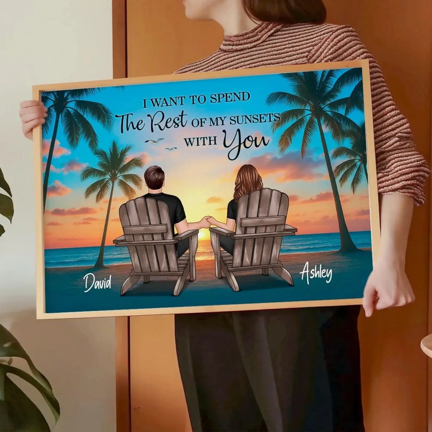 Couple Beach Sunset Under Palm Tree – Personalized Poster/Canvas – Romantic Anniversary Gift for Him or Her Ezcustomize