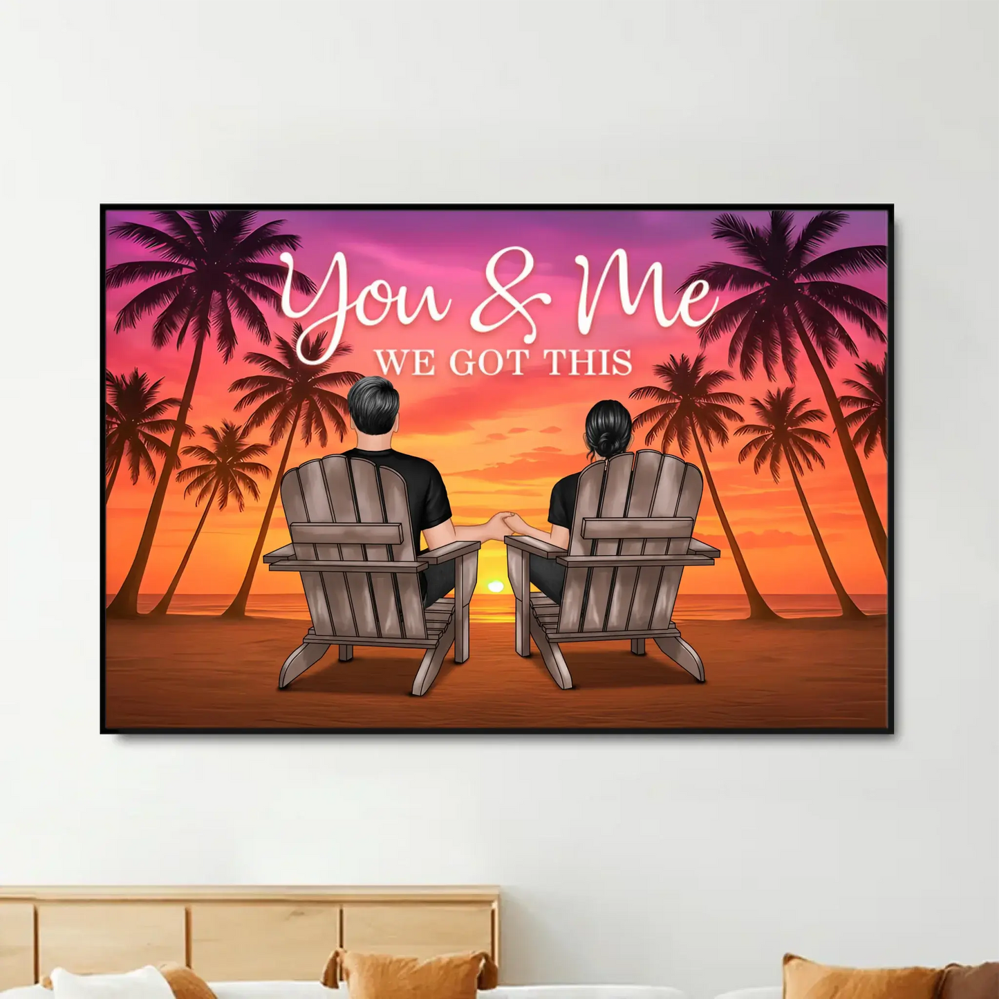 Couple Beach Sunset Under Palm Tree – Personalized Poster/Canvas – Romantic Anniversary Gift for Him or Her Ezcustomize