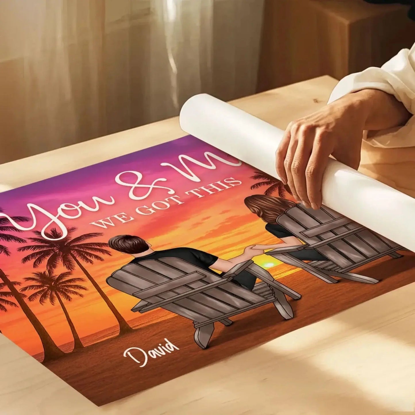 Couple Beach Sunset Under Palm Tree – Personalized Poster/Canvas – Romantic Anniversary Gift for Him or Her Ezcustomize