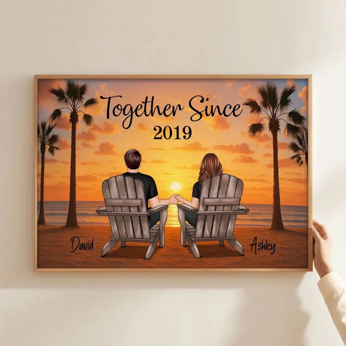 Couple Beach Sunset Under Palm Tree – Personalized Poster/Canvas – Romantic Anniversary Gift for Him or Her Ezcustomize
