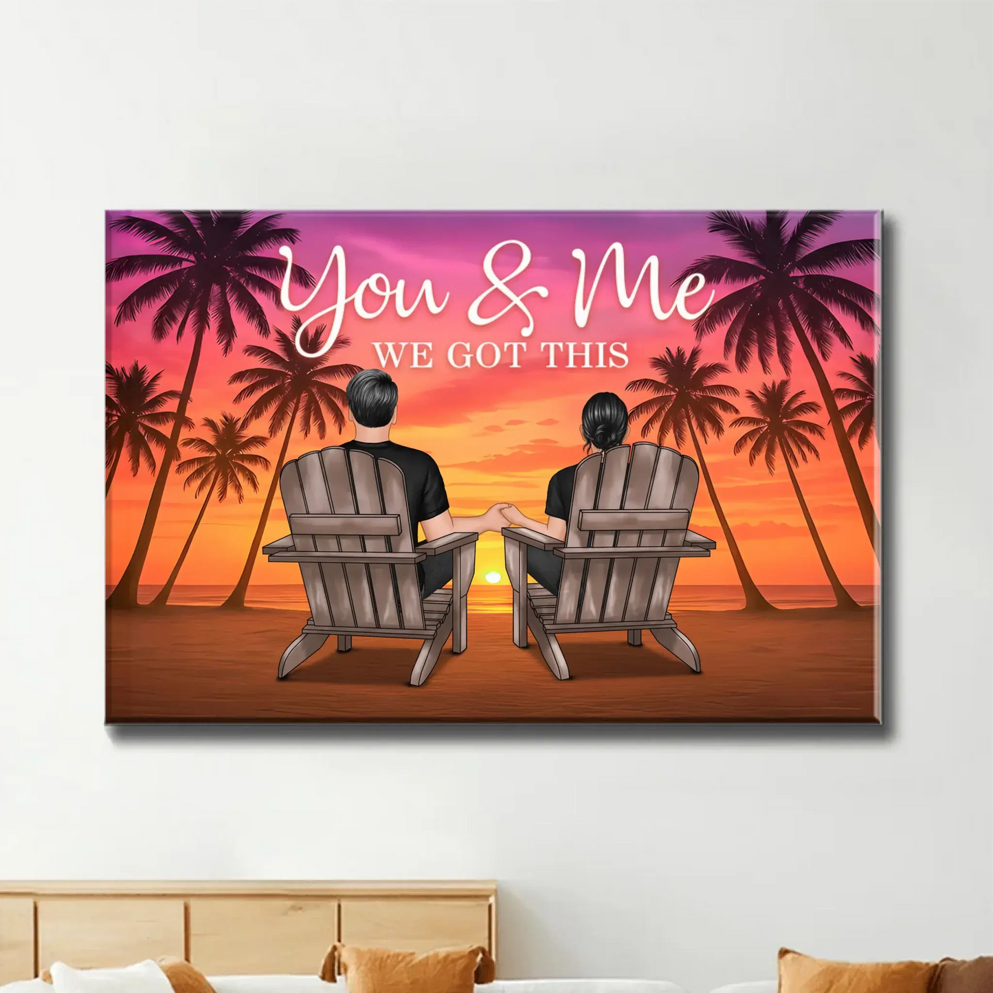 Couple Beach Sunset Under Palm Tree – Personalized Poster/Canvas – Romantic Anniversary Gift for Him or Her Ezcustomize