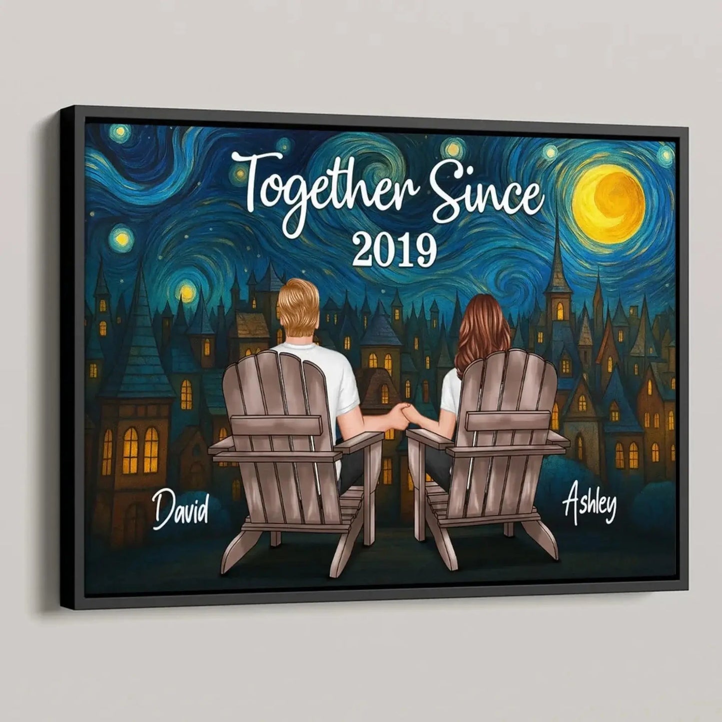 Couple Sitting Under the Night Sky – Personalized Back View Art Poster – Custom Romantic Gift for Anniversary or Any Special Days Ezcustomize
