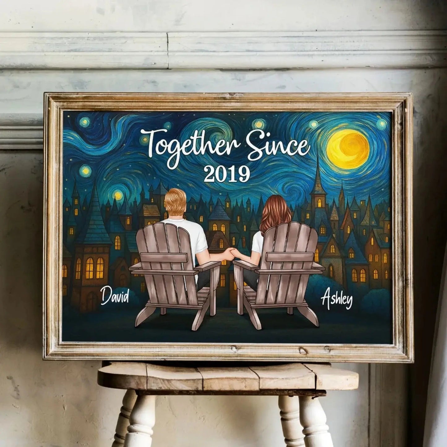 Couple Sitting Under the Night Sky – Personalized Back View Art Poster – Custom Romantic Gift for Anniversary or Any Special Days Ezcustomize