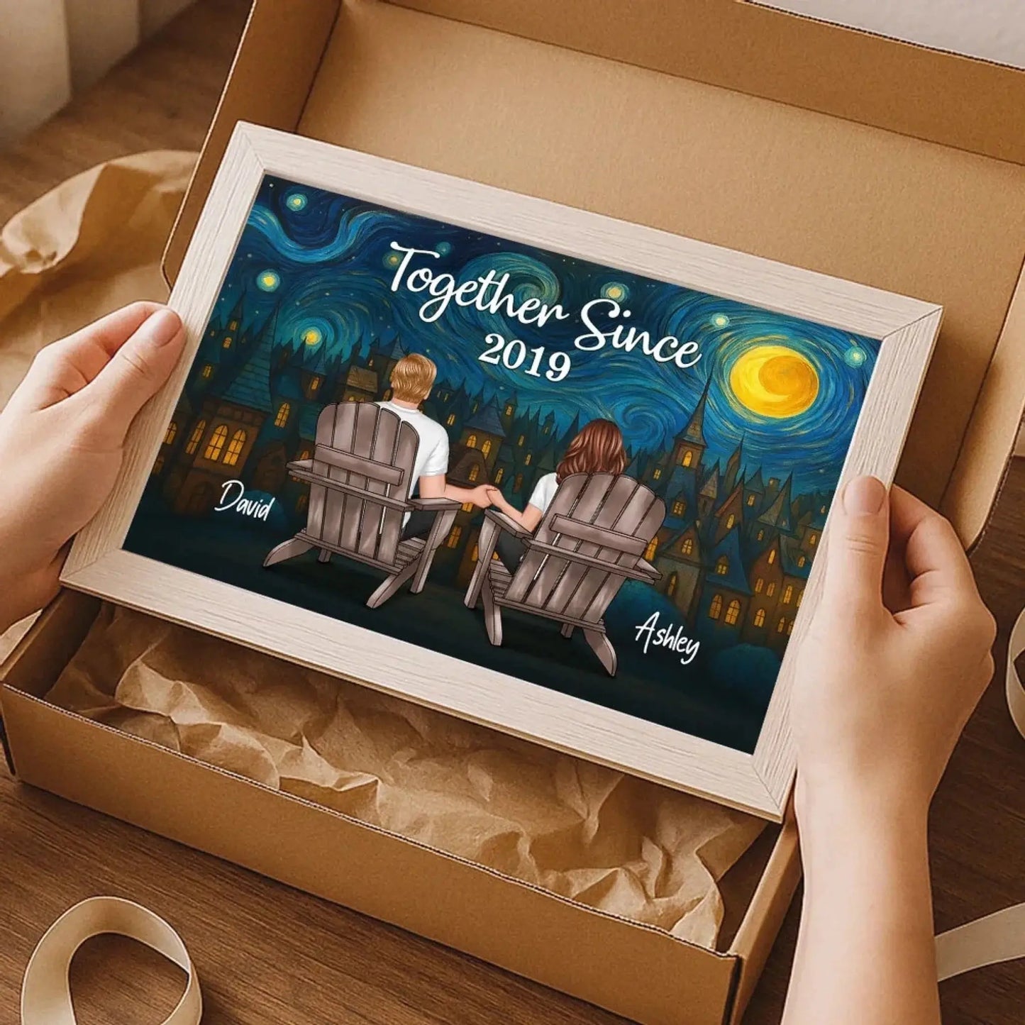 Couple Sitting Under the Night Sky – Personalized Back View Art Poster – Custom Romantic Gift for Anniversary or Any Special Days Ezcustomize