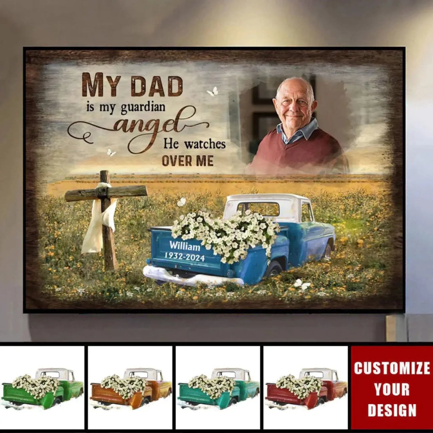 Cross And Flower Car Personalized Memorial Canvas For Dad Father’s Day Gift Ideas Ezcustomize
