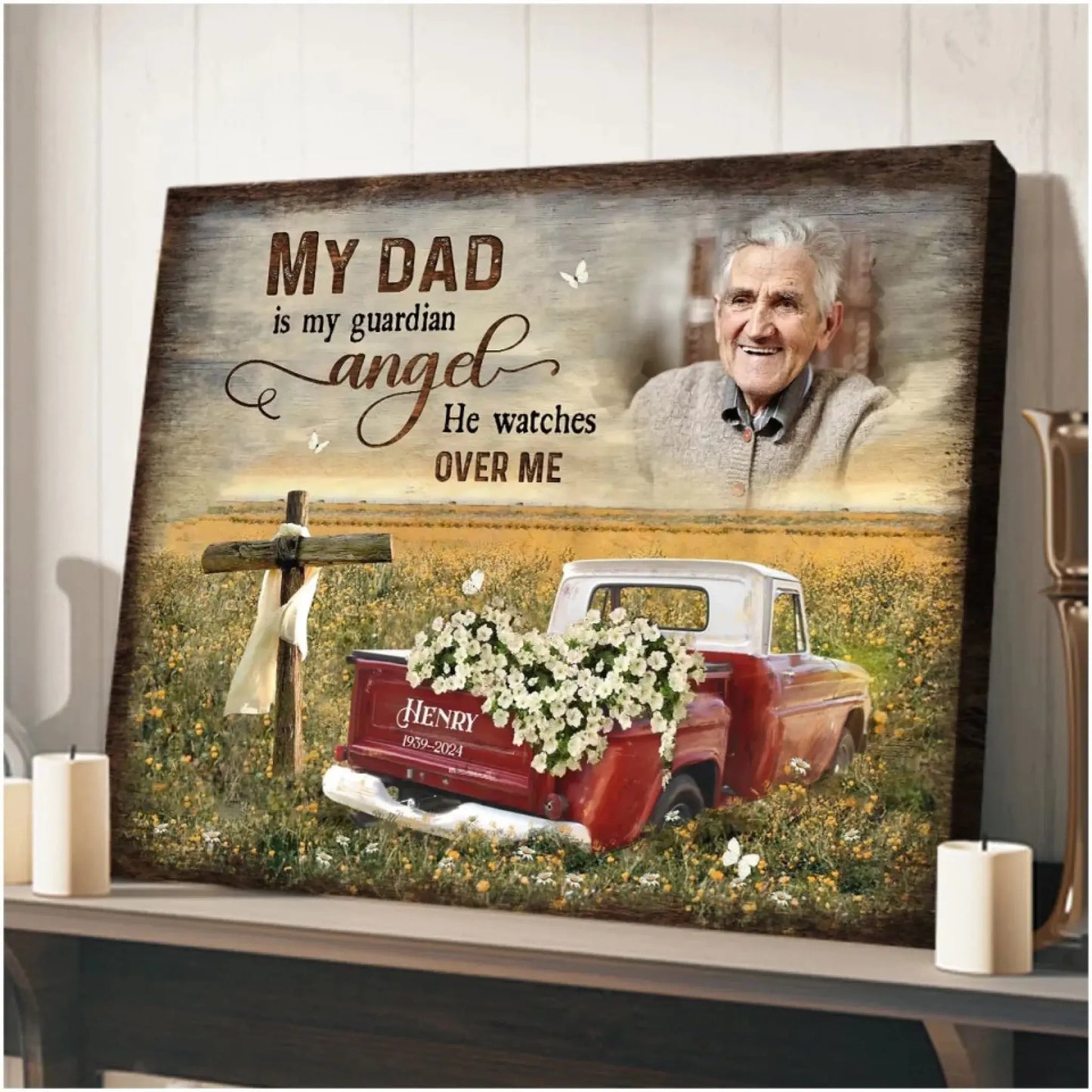 Cross And Flower Car Personalized Memorial Canvas For Dad Father’s Day Gift Ideas Ezcustomize