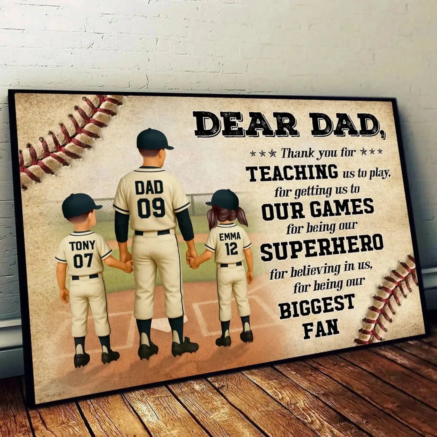 Custom Baseball Dad Poster – Personalized Father & Kids Back View Gift, Home Run Quote for Father’s Day or Birthday Ezcustomize